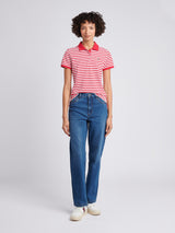 Womens Contrast Collar Stripe Polo Shirt in Jalapeno Red