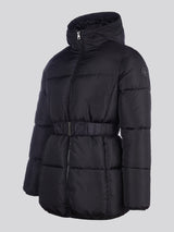 Womens Belted Puffer Jacket in Black