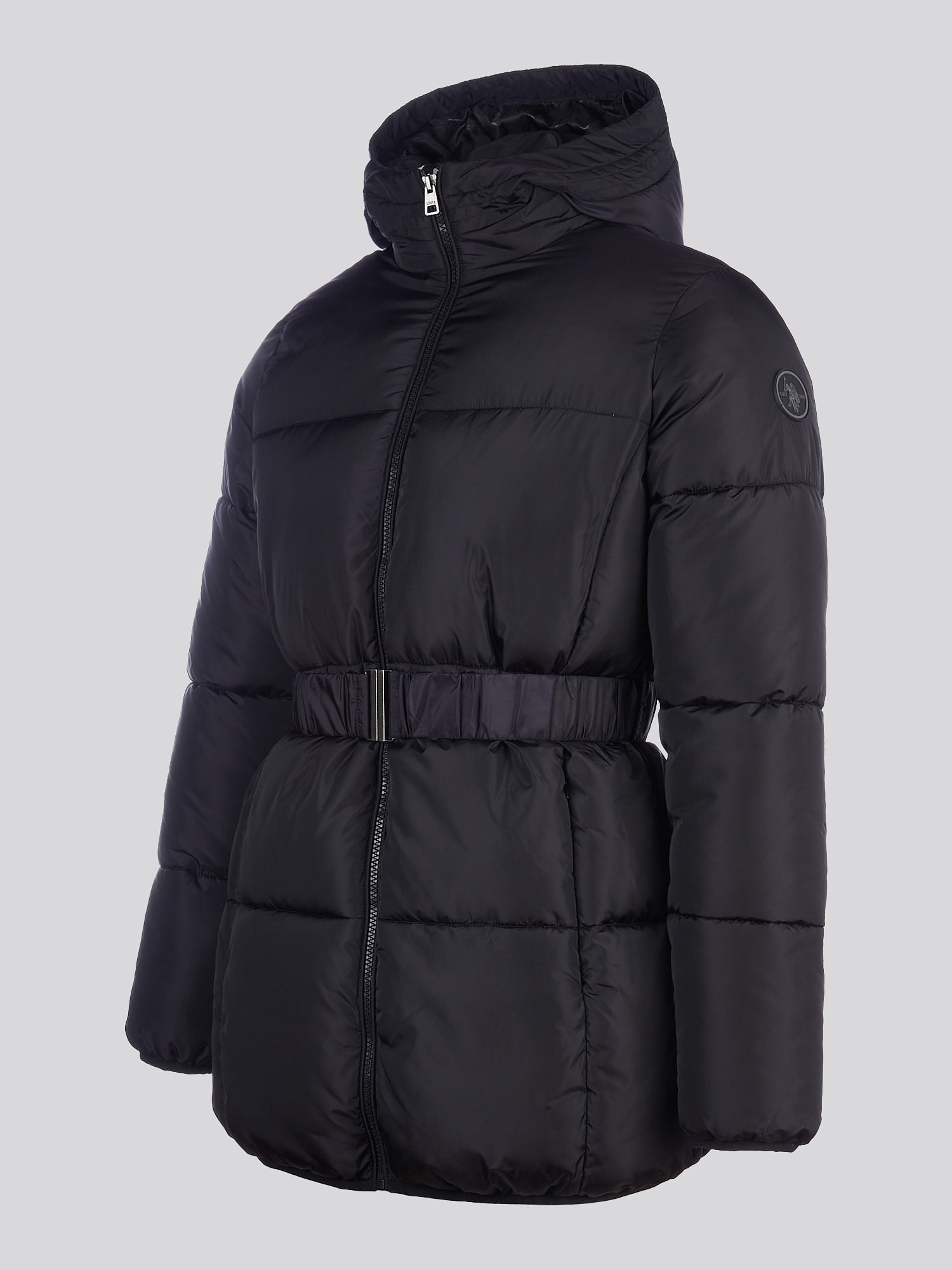 Womens Belted Puffer Jacket in Black