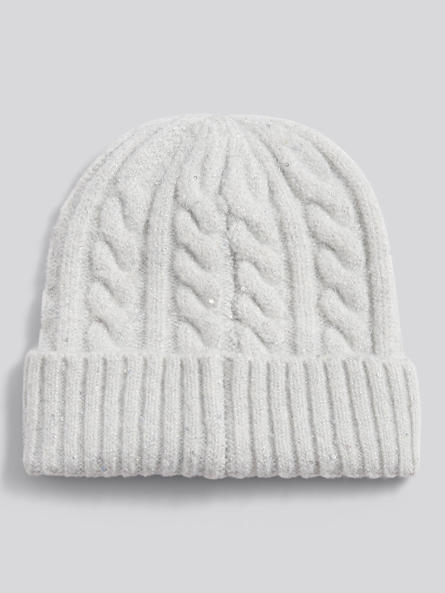Womens Signature Cable Sequin Knit Beanie in Light Grey Marl WUP