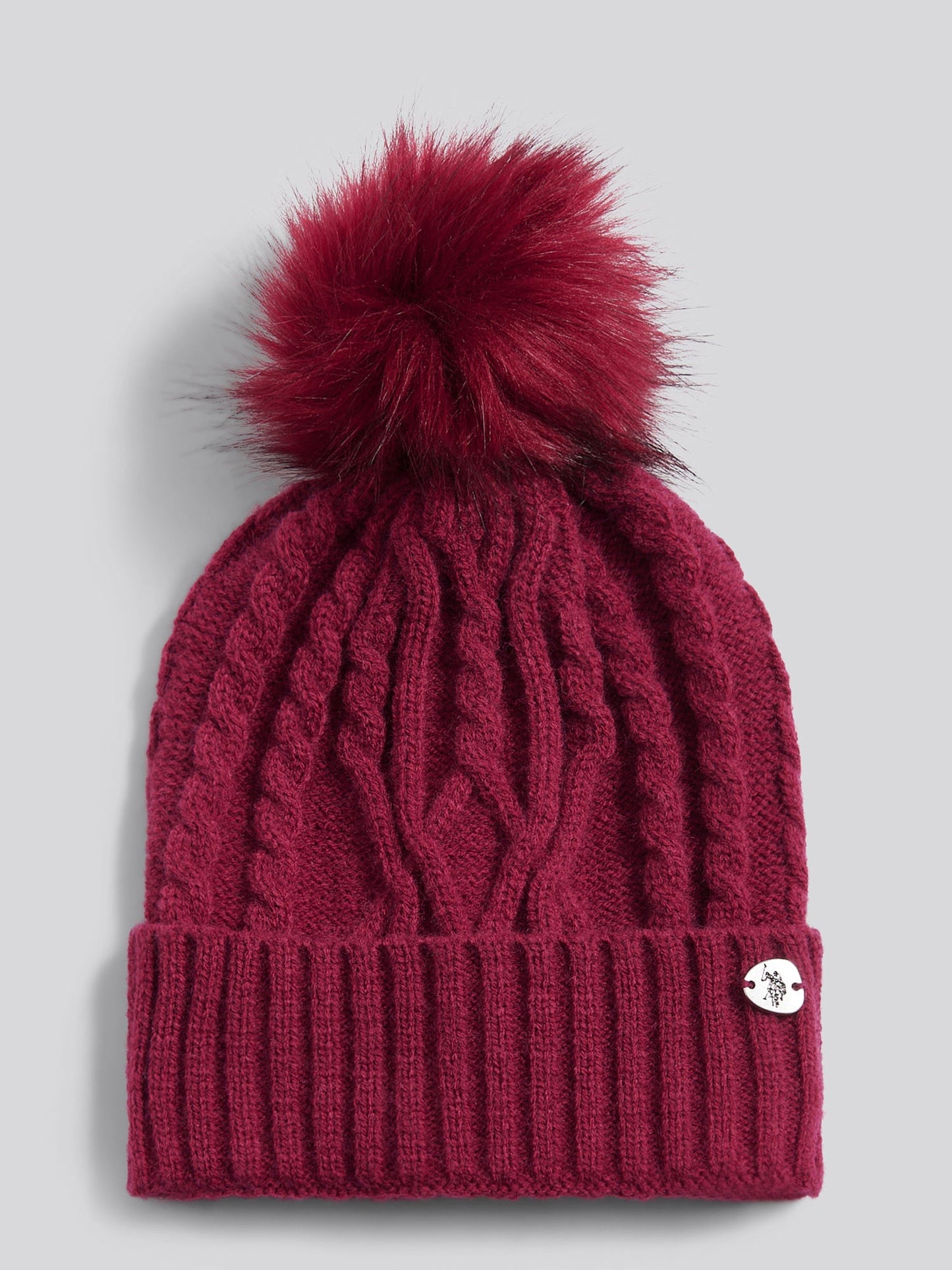 Womens Twist Cable Fur Bobble Knit Beanie in Beaujolais