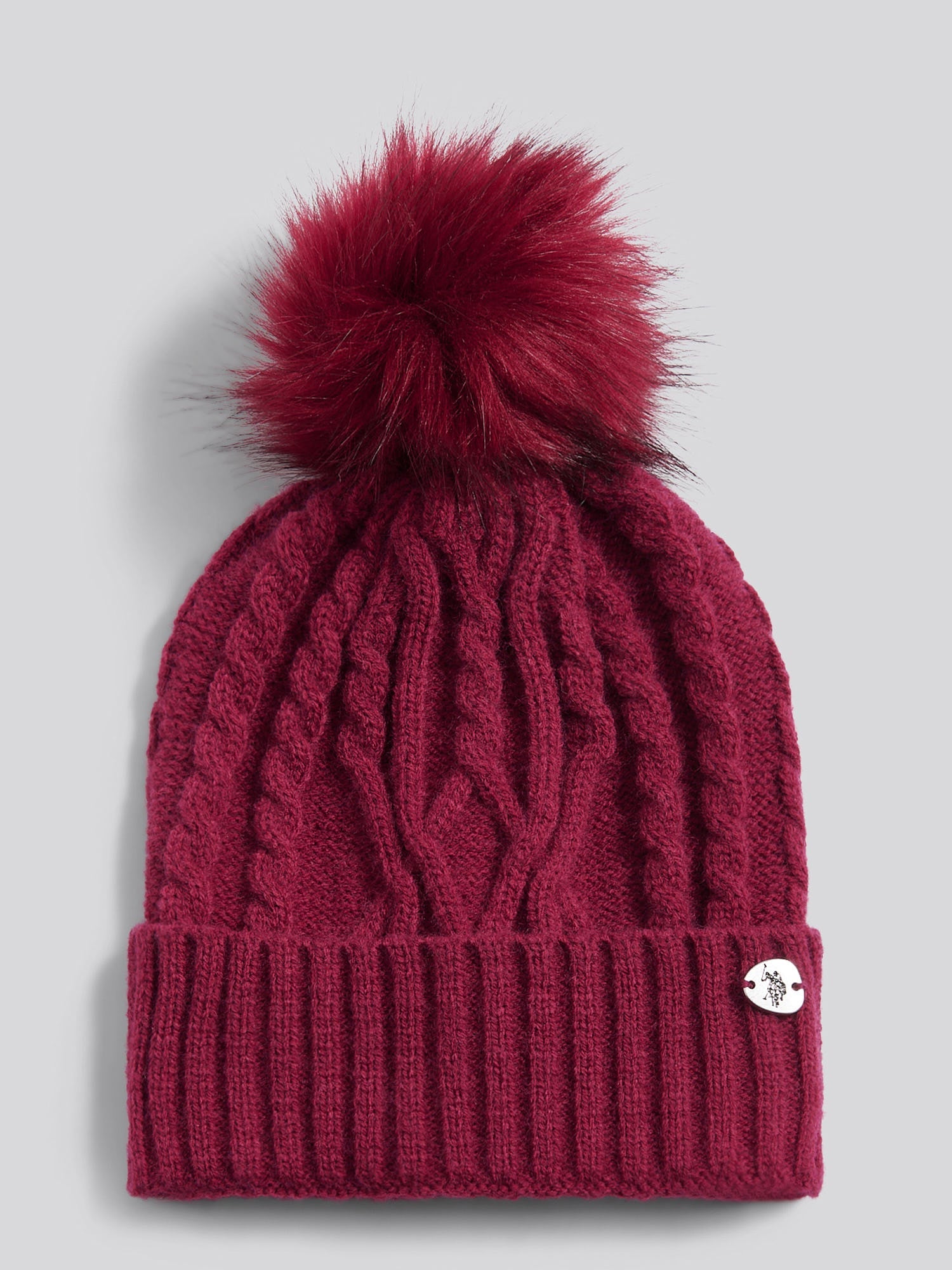 Womens Twist Cable Fur Bobble Knit Beanie in Beaujolais
