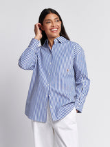 Womens Cotton Poplin Loose Fit Stripe Shirt in Regatta Blue