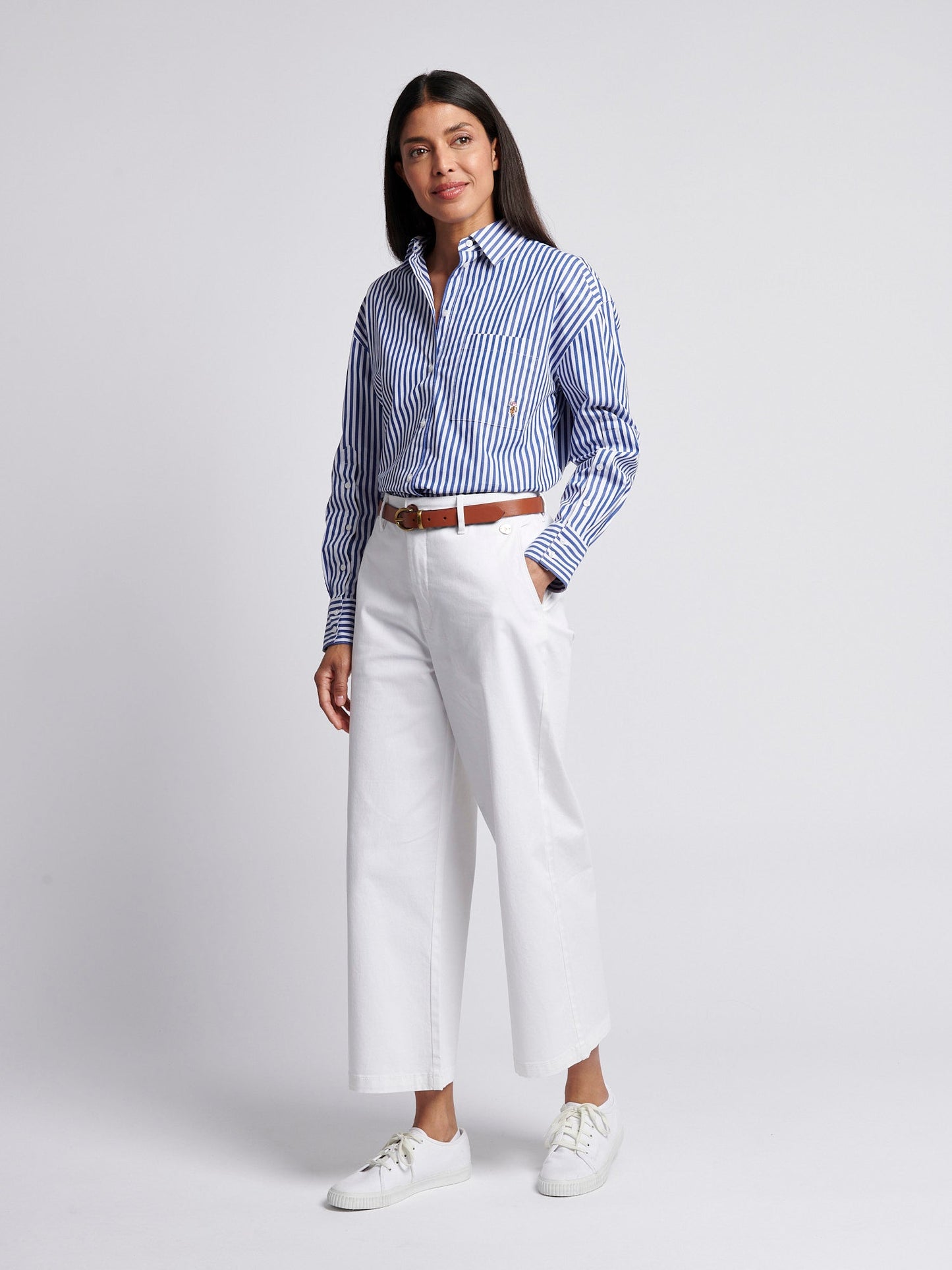 Womens Cotton Poplin Loose Fit Stripe Shirt in Regatta Blue