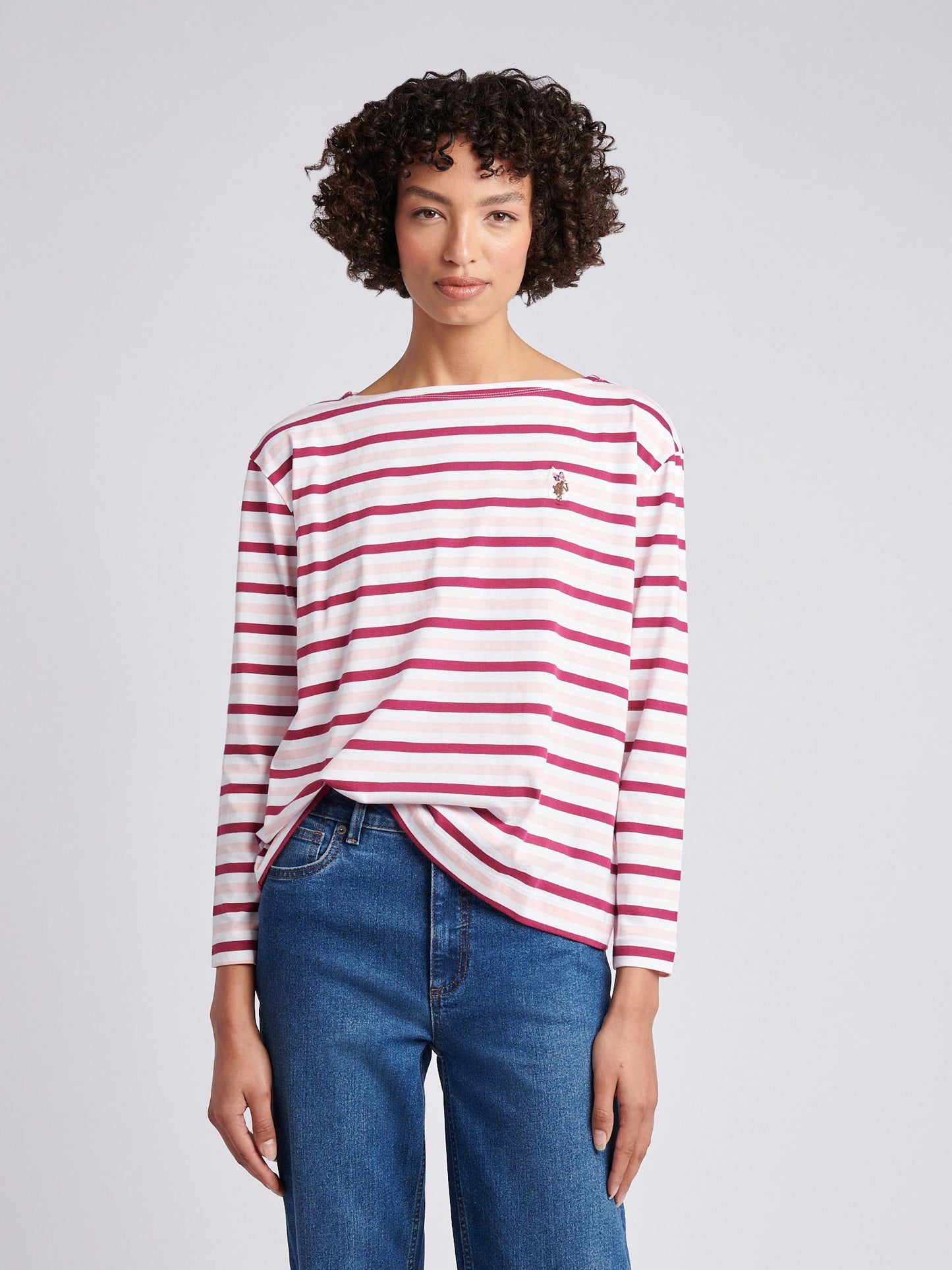 Womens Multicolour Stripe Long Sleeve Boatneck T-Shirt in Bright White