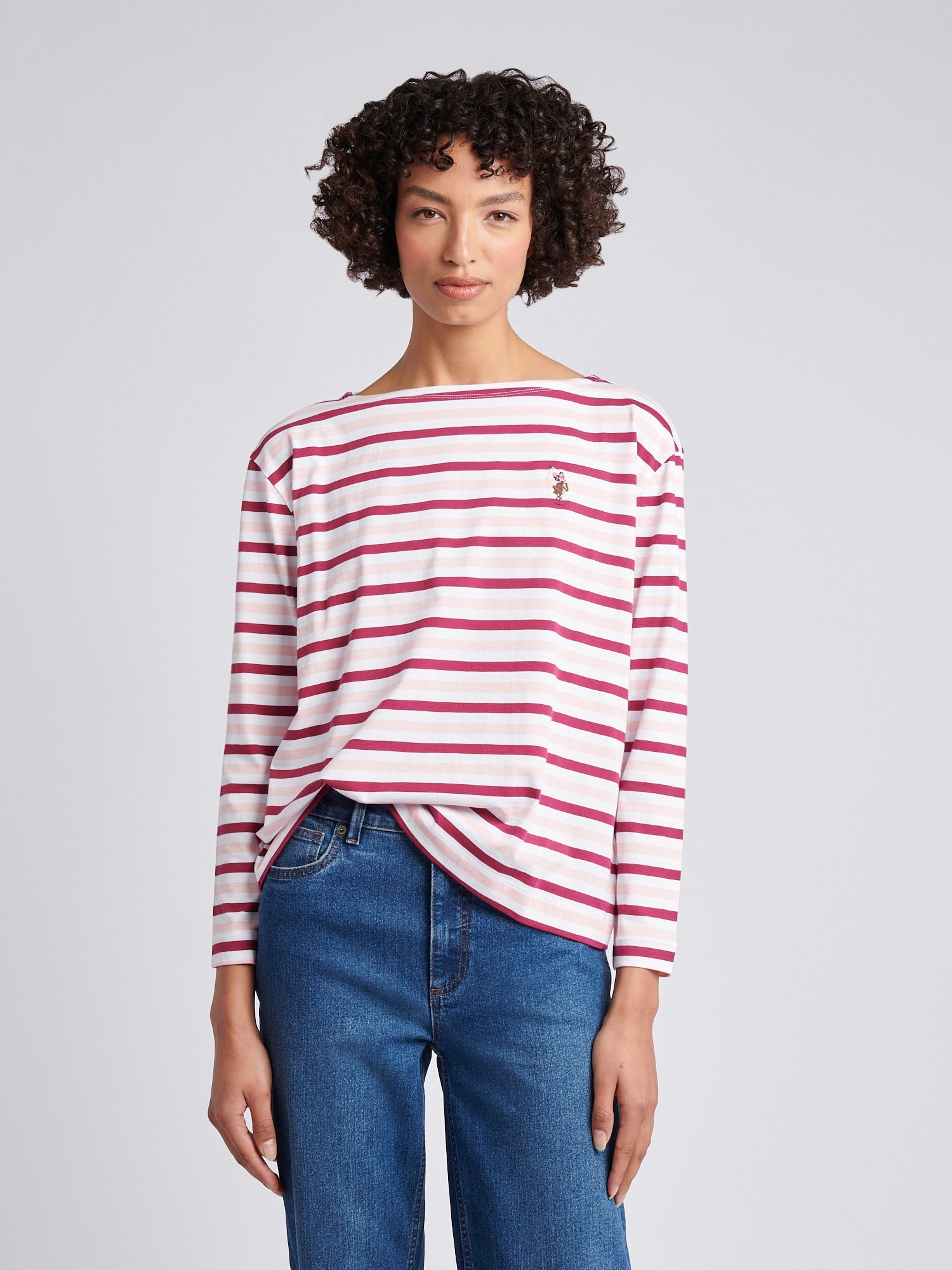 Womens Multicolour Stripe Long Sleeve Boatneck T-Shirt in Bright White