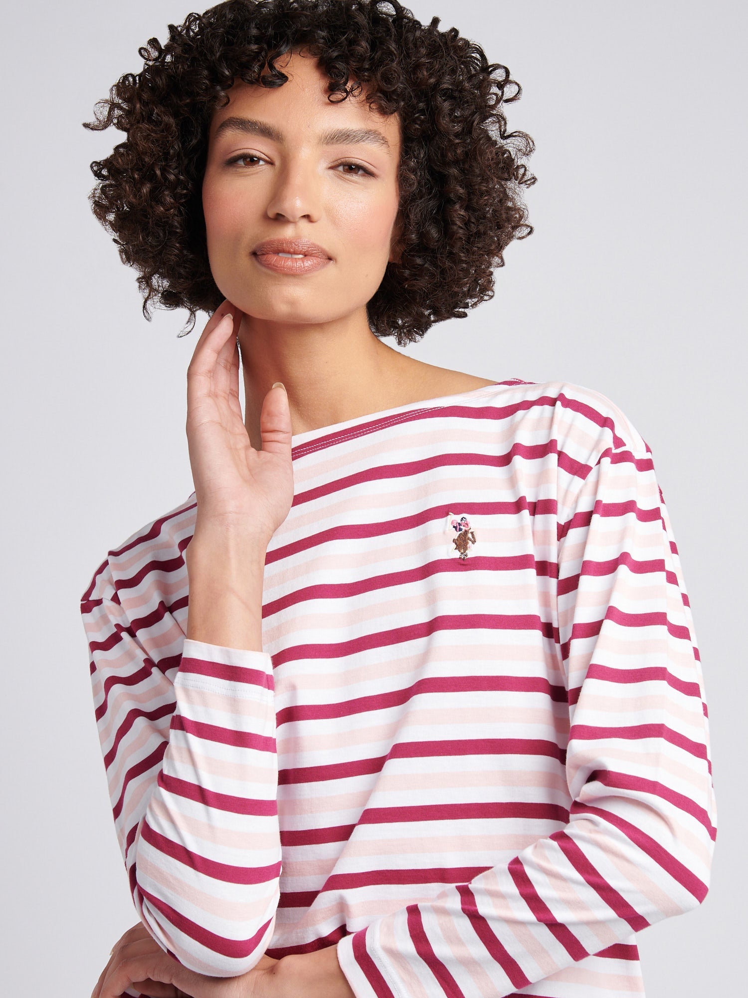 Womens Multicolour Stripe Long Sleeve Boatneck T-Shirt in Bright White