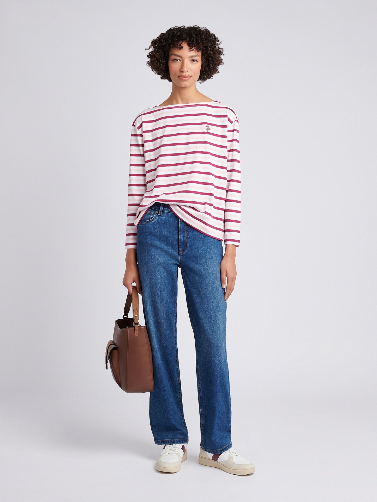 Womens Multicolour Stripe Long Sleeve Boatneck T-Shirt in Bright White