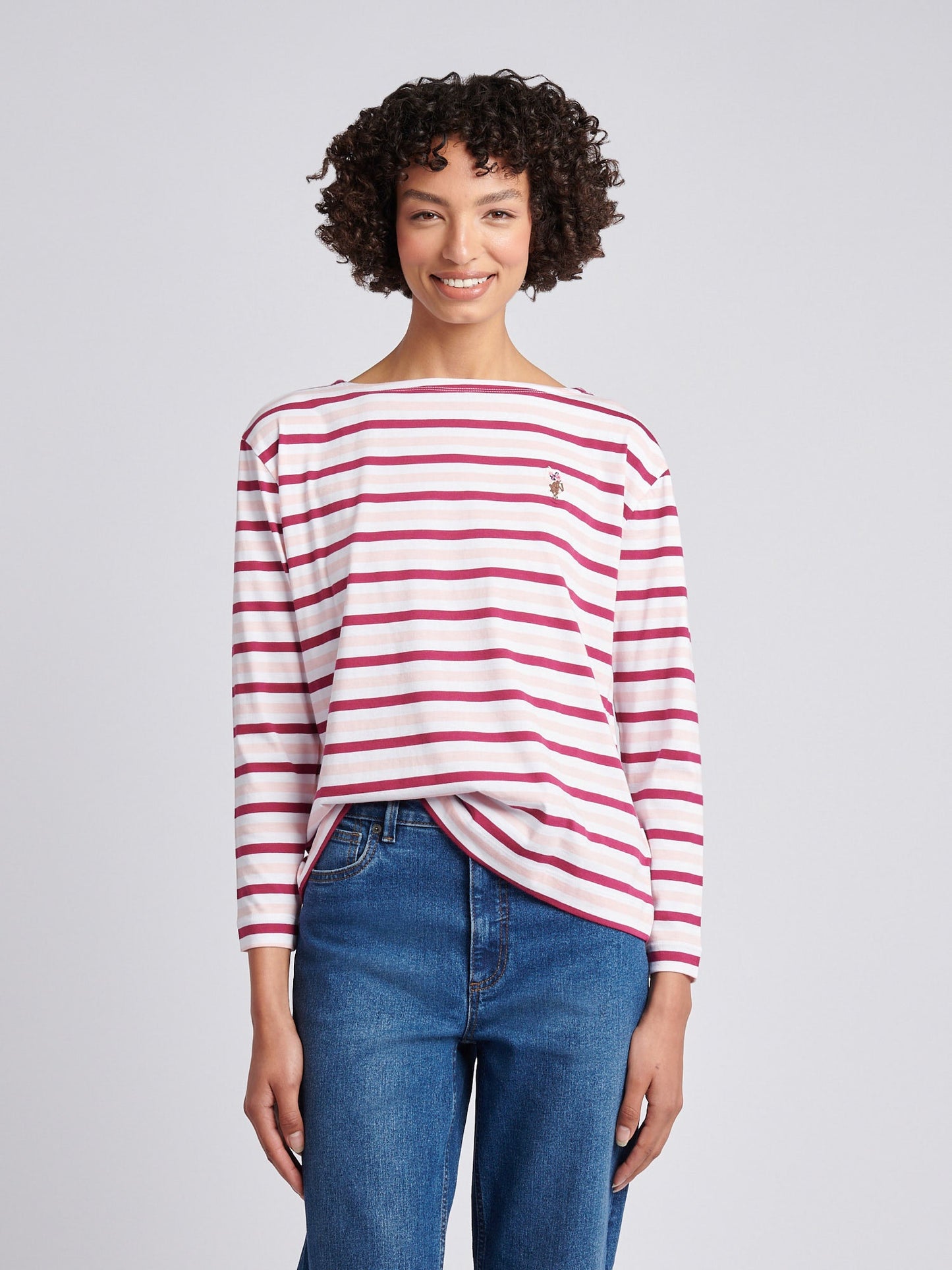 Womens Multicolour Stripe Long Sleeve Boatneck T-Shirt in Bright White