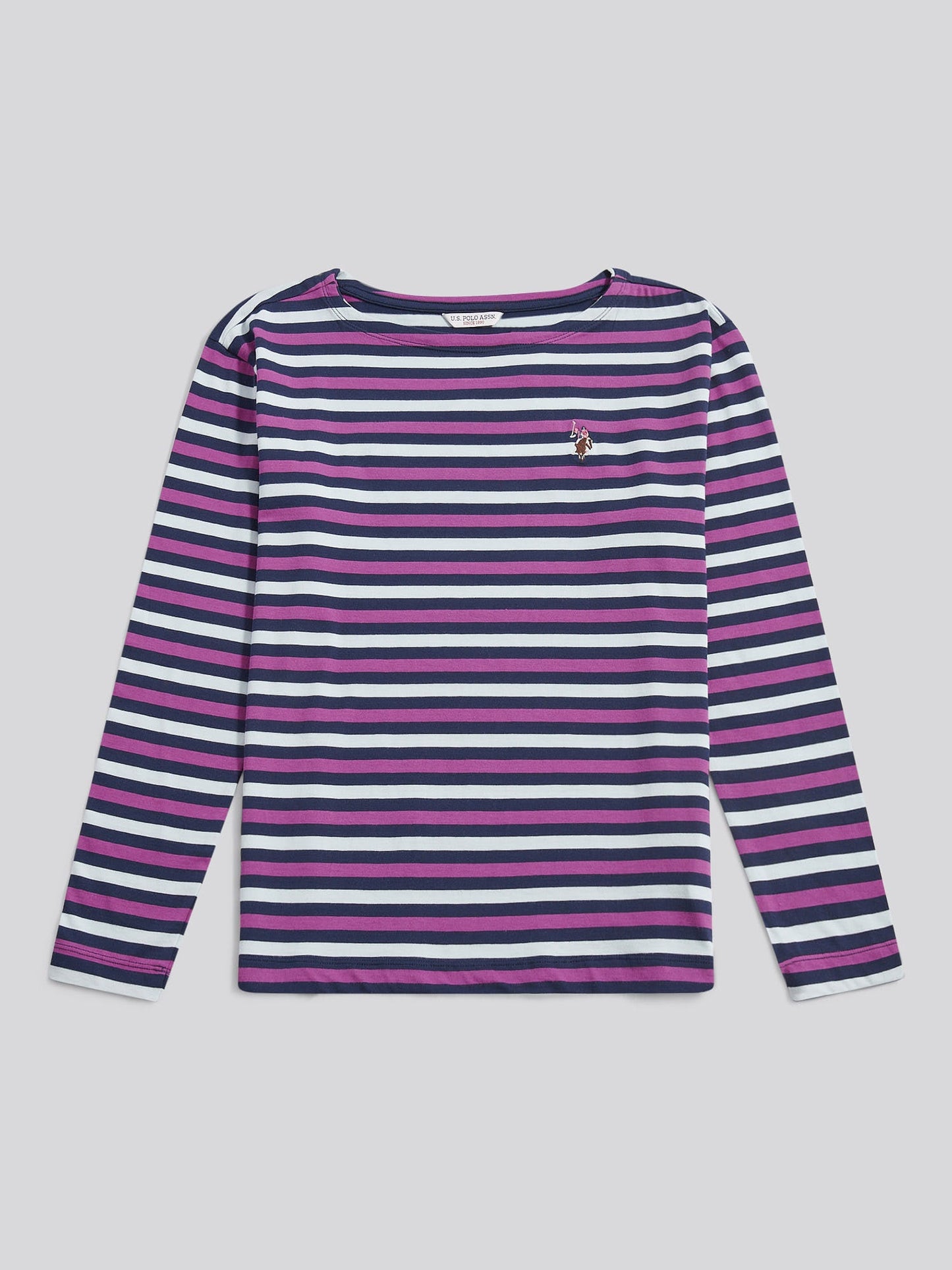 Womens Multicolour Stripe Long Sleeve Boatneck T-Shirt in Navy Iris