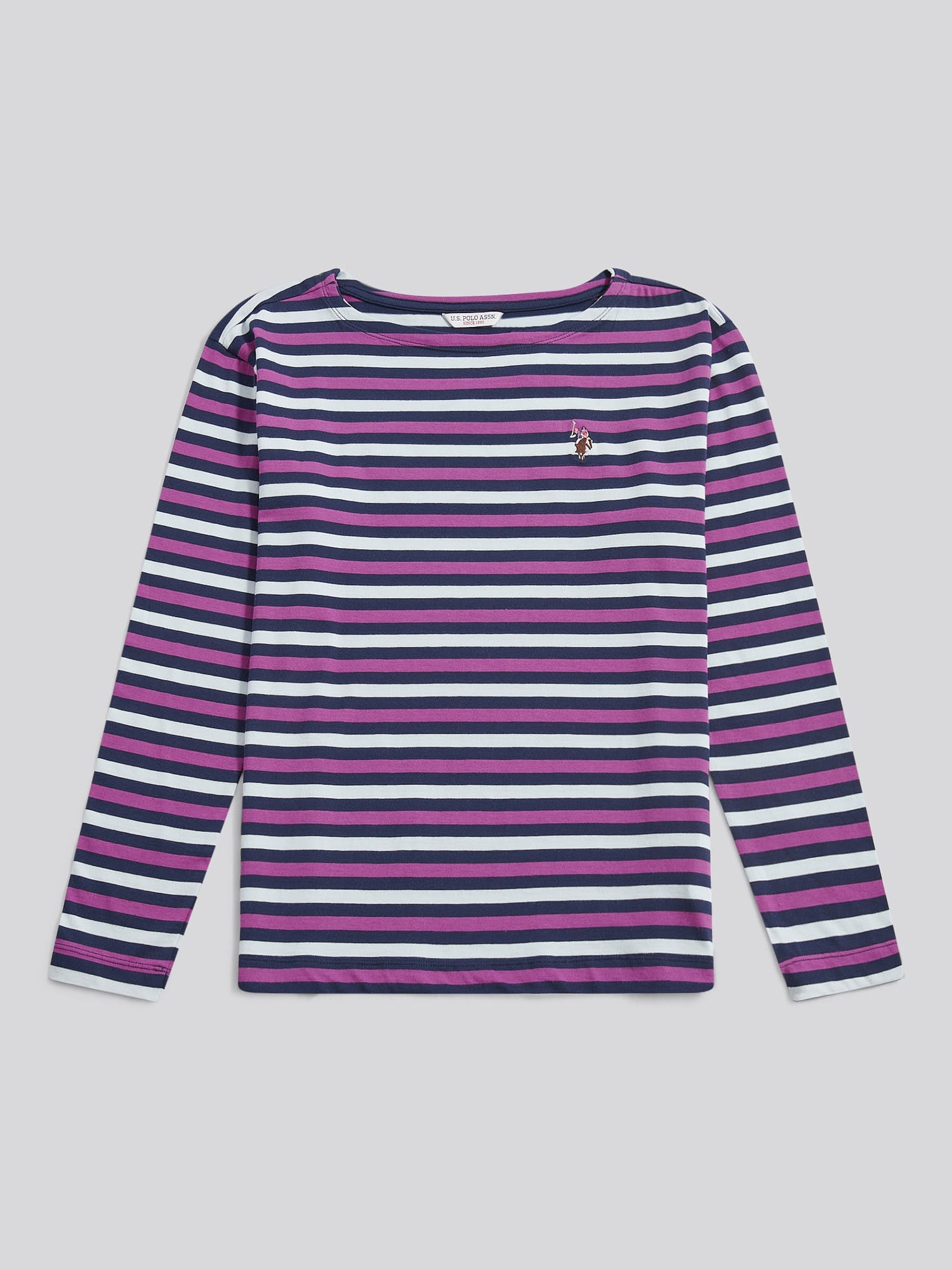 Womens Multicolour Stripe Long Sleeve Boatneck T-Shirt in Navy Iris