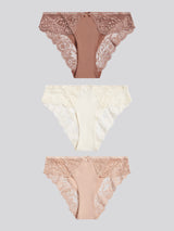 Womens 3 Pack Picot Trim & Lace Mix Bikini Brief in Egret