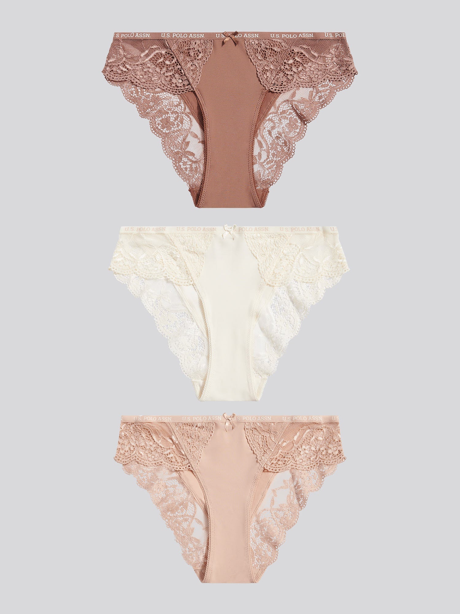 Womens 3 Pack Picot Trim & Lace Mix Bikini Brief in Egret