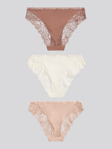Womens 3 Pack Picot Trim & Lace Mix Bikini Brief in Egret