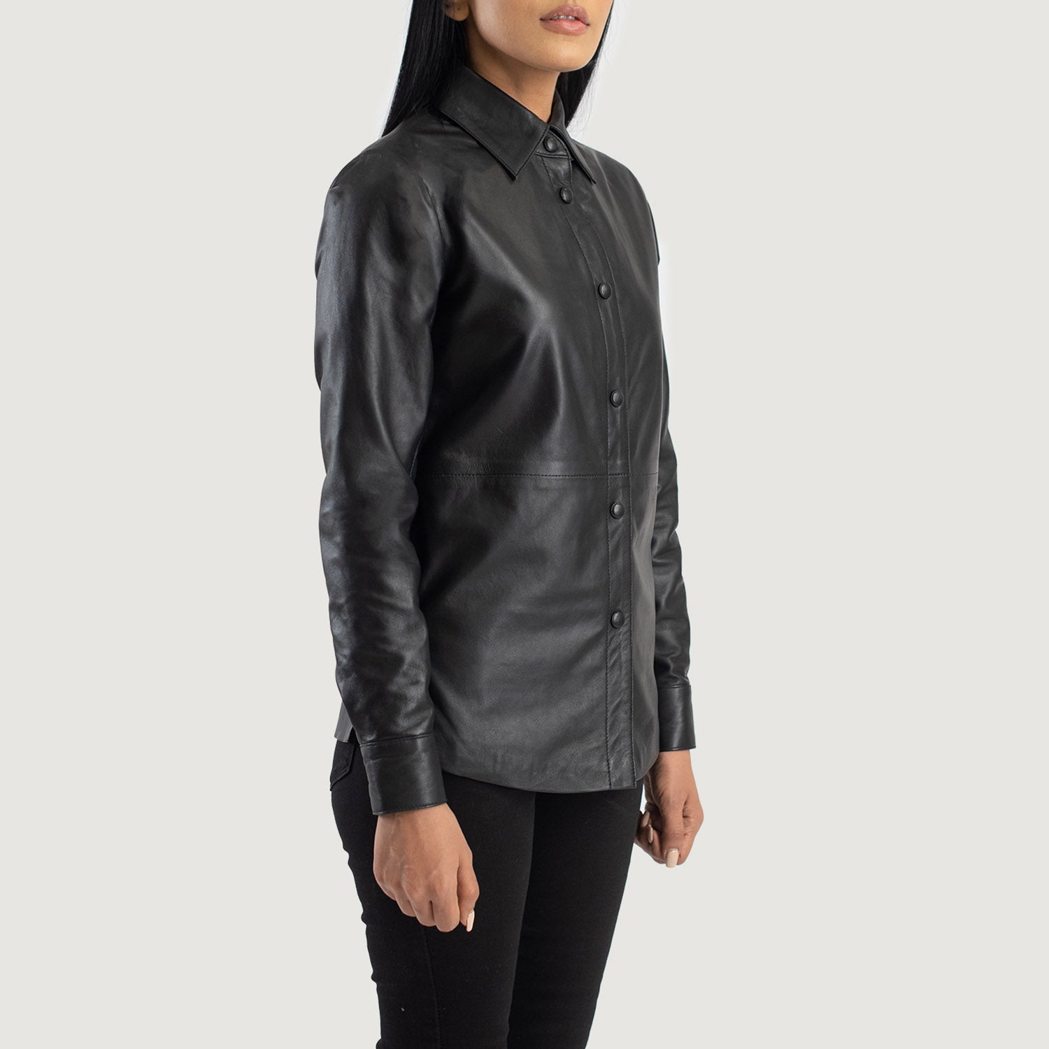 Women's Leather Shirt Collar Leather Jacket | Black