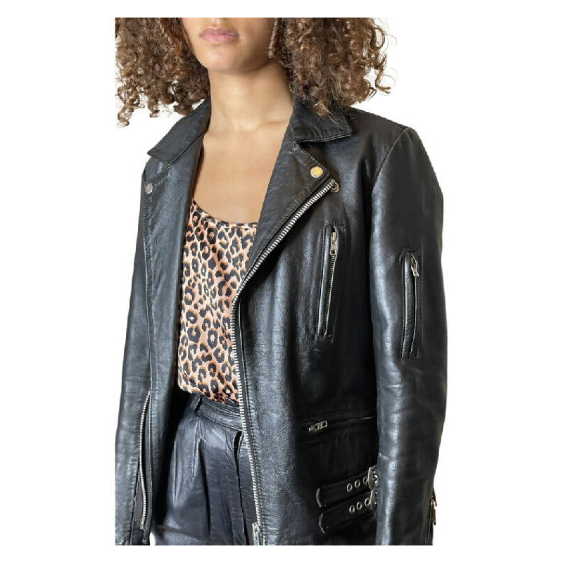Original 1980's Vintage Black Leather Fringed Biker Jacket UK 10 - 14
