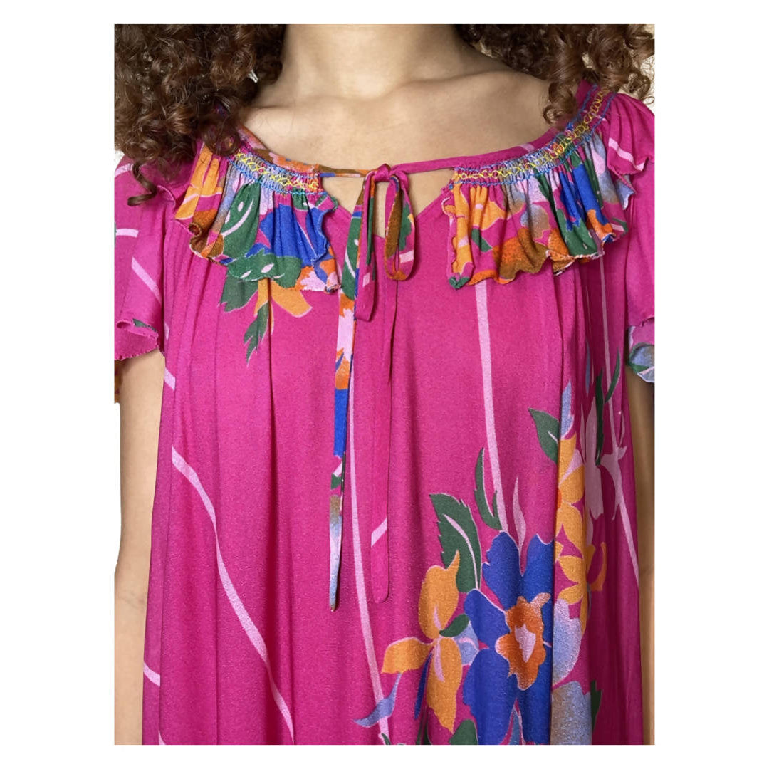 Original 1970's Vintage Bright Pink Floral Dress UK 8 - 12