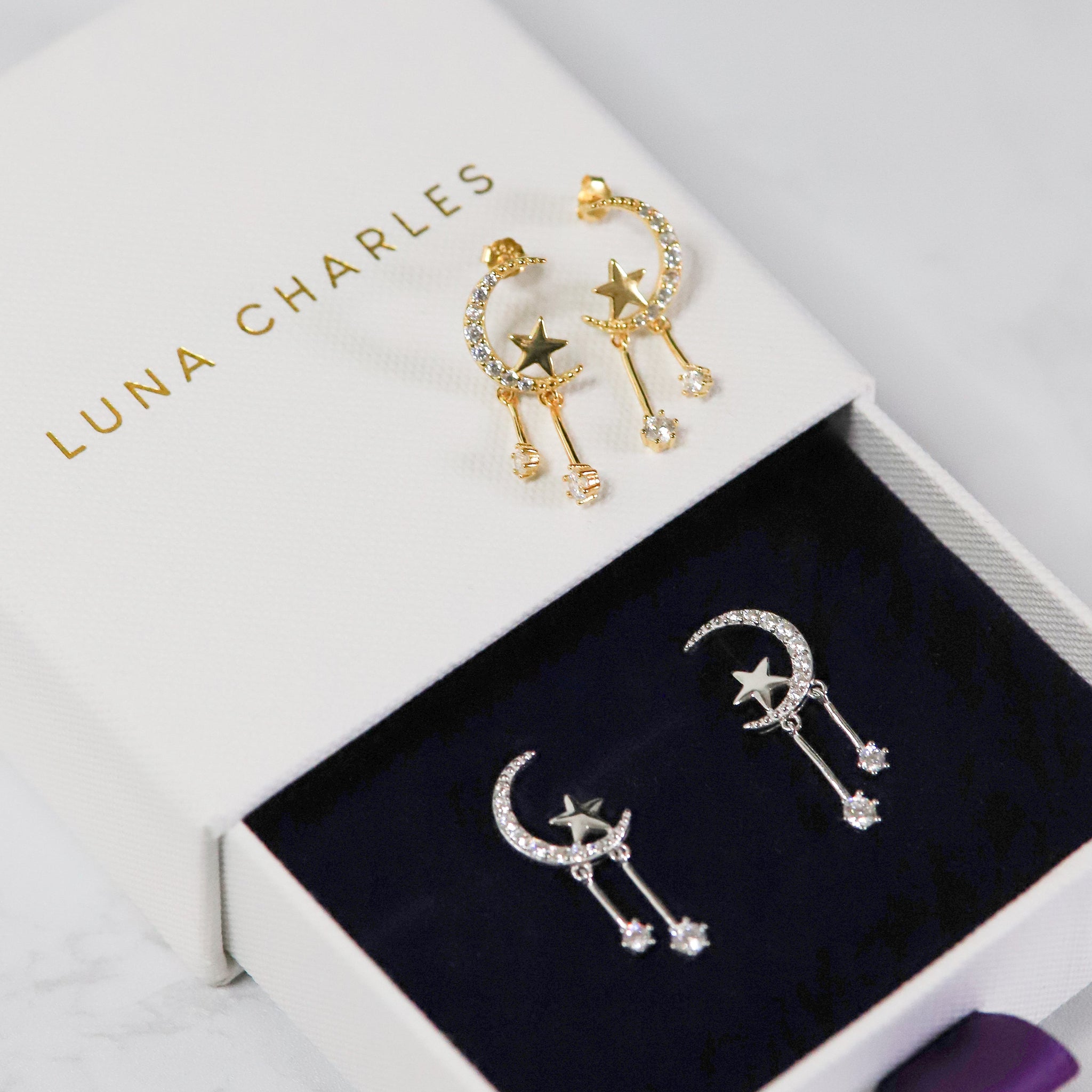 Zoe Moon & Star Drop Earrings | 18k Gold Plated