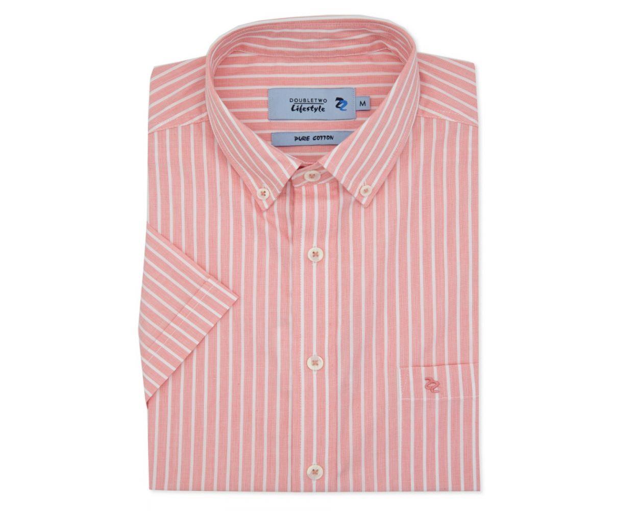Double Two Men's Pure Cotton Short Sleeve Stripe Shirt in Pink/White 2XL to 5XL