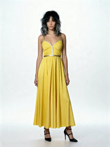 Original 1970'S Vintage Yellow & Gold Strap Maxi Dress
