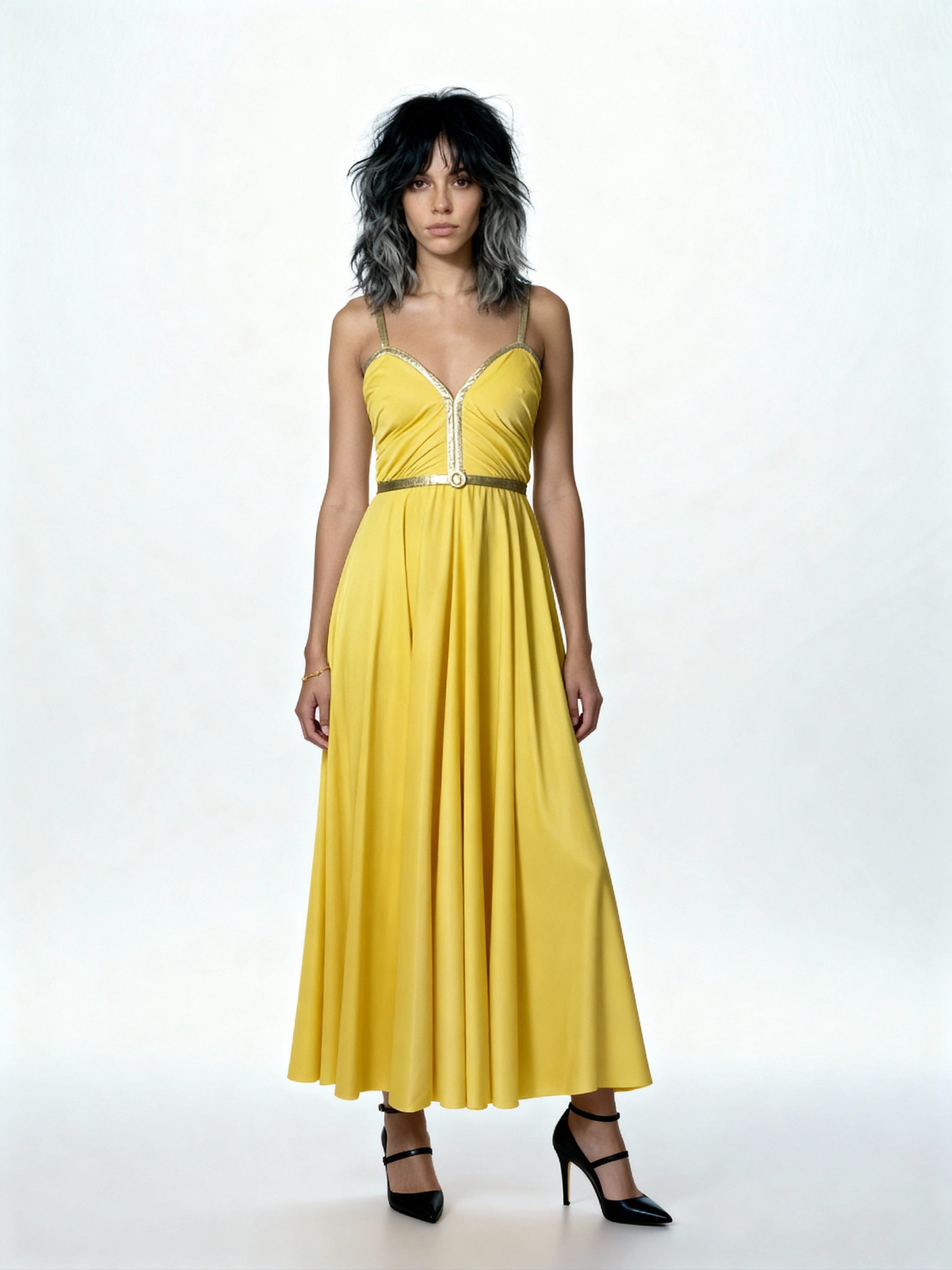 Original 1970'S Vintage Yellow & Gold Strap Maxi Dress