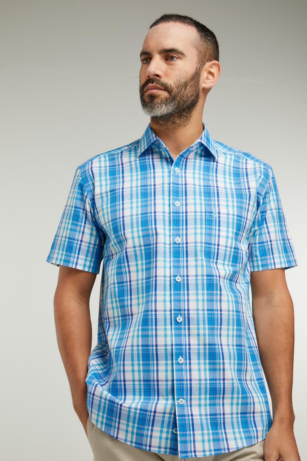 Double Two Life Style Men's Pure Cotton Short Sleeve Blue Window Check Shirt (1037A) 2XL-5XL
