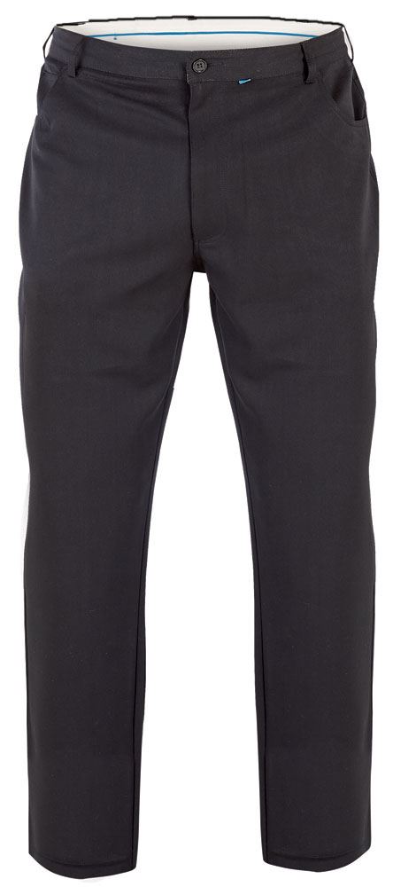 DUKE LONDON BI STRETCH FIVE POCKET TROUSERS (BECK) IN BLACK IN WAIST SIZE 42 TO 60 INCHES, INSIDELEG 29/31/33