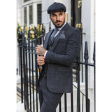 AK-12 - Men's Grey Tweed 3 Piece Suit Blue Check 1920s Gatsby Blinders