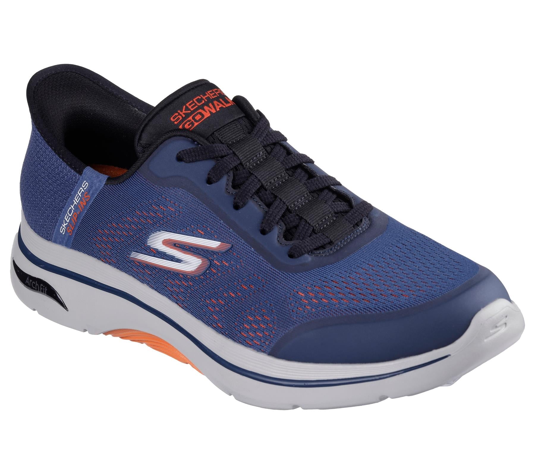 Skechers Lace Up Shoe For Men Slip Ins Go Walk Arch Fit 2.0 Simplicity 2.5 in Navy/Orange, 6-15