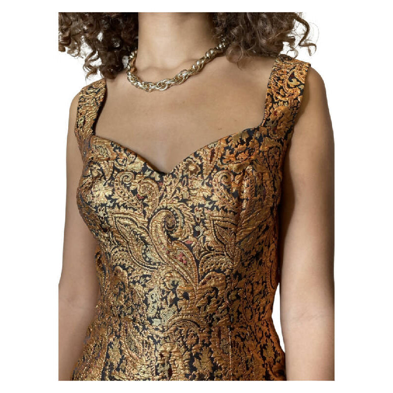 Gorgeous Original Vintage 1970's Gold / Bronze Brocade Dress UK 10 - 14