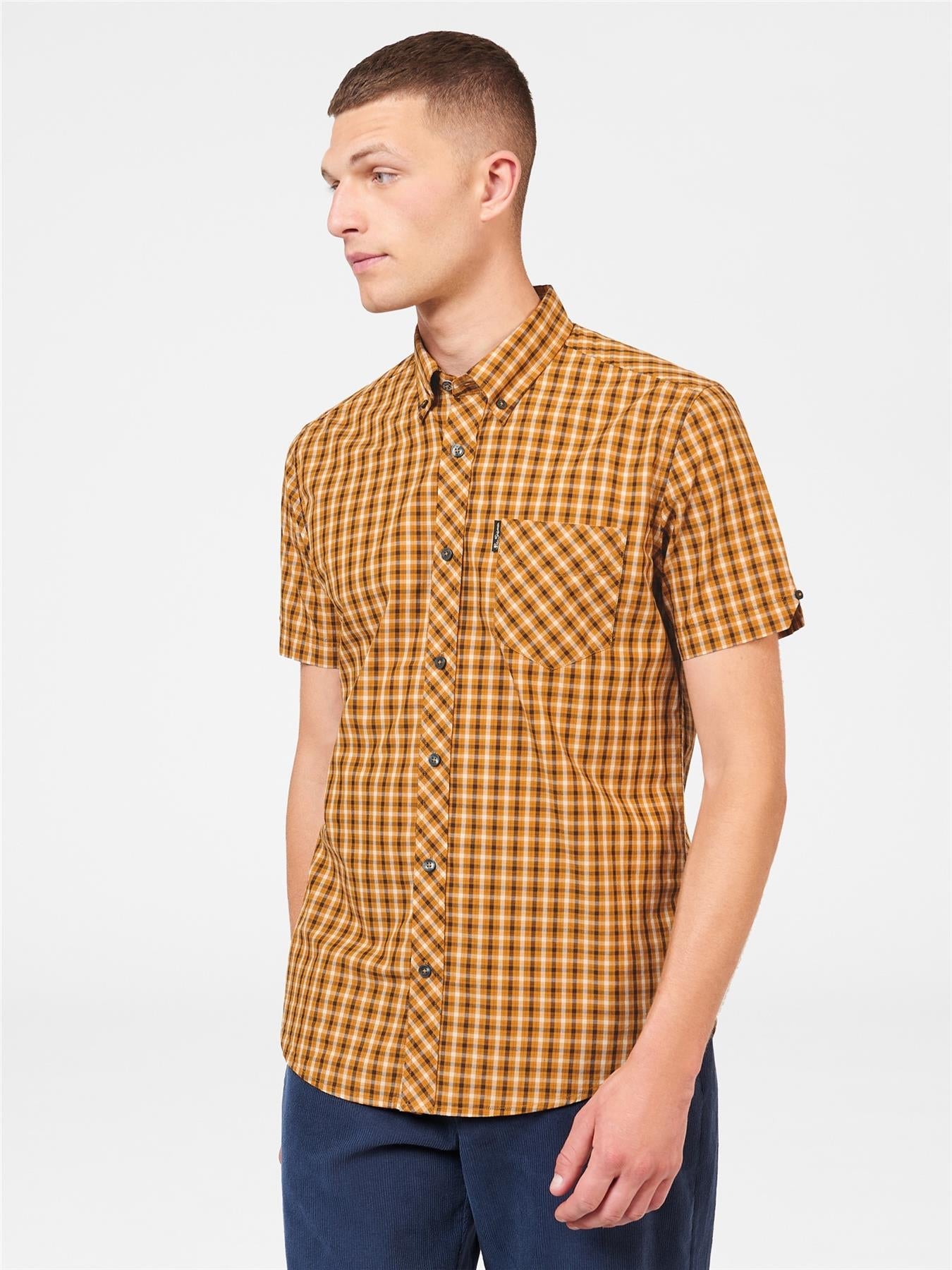 Ben Sherman Men's Short Sleeve Signature House Check Shirt in Mustard, Sizes 2XL to 5XL