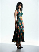 Original 1970'S Vintage Green Floral Dress Uk 8 - 10