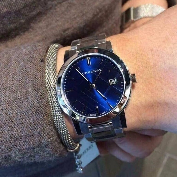 Burberry Unisex Watch Stainless Steel Silver Strap With Blue Dial BU9031 The City