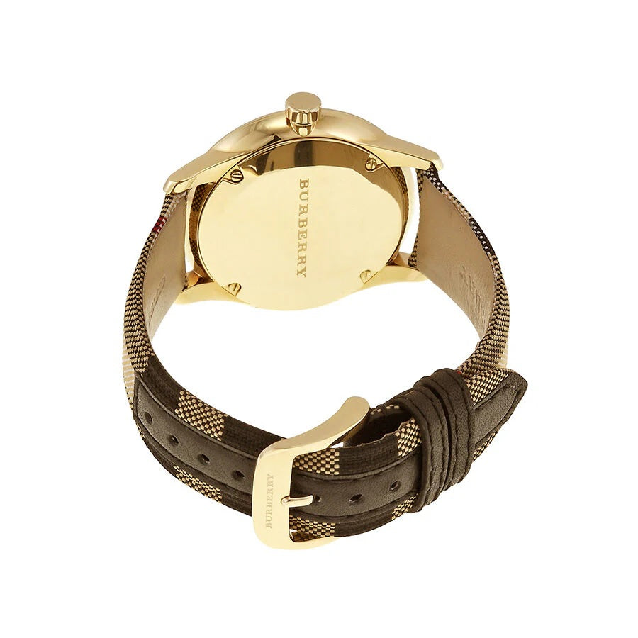 Burberry Men’s Watch Leather Multicolour Strap With Gold Dial And Gold Case BU10001 The City