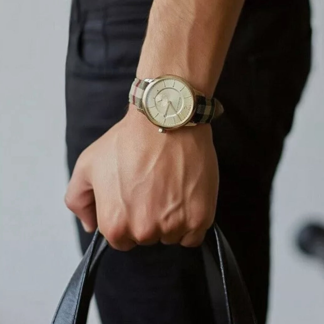 Burberry Men’s Watch Leather Multicolour Strap With Gold Dial And Gold Case BU10001 The City