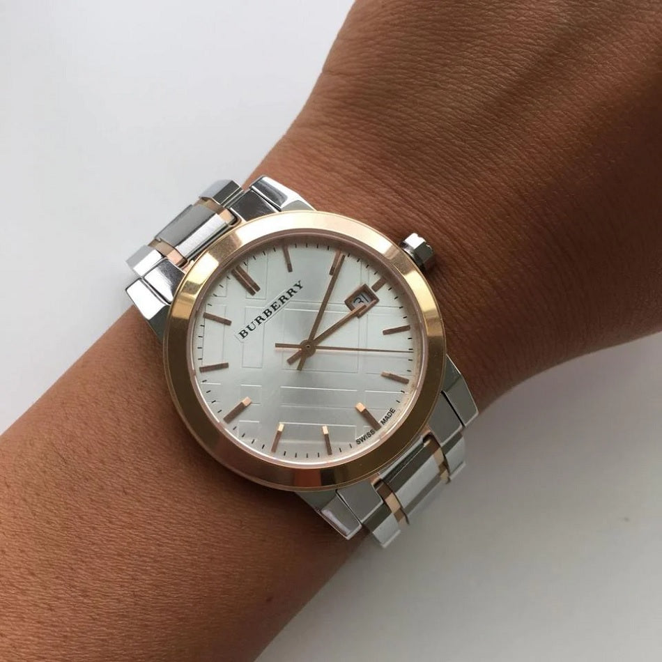 Burberry Women's Watch Stainless Steel Silver Strap With Silver Dial And Rose Gold Case BU9105 The City