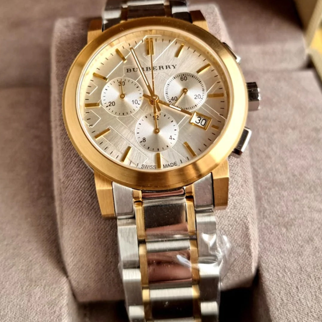 Burberry Unisex Watch Stainless Steel Two Tone Silver & Gold Strap With Silver Dial BU9751 The City Collection