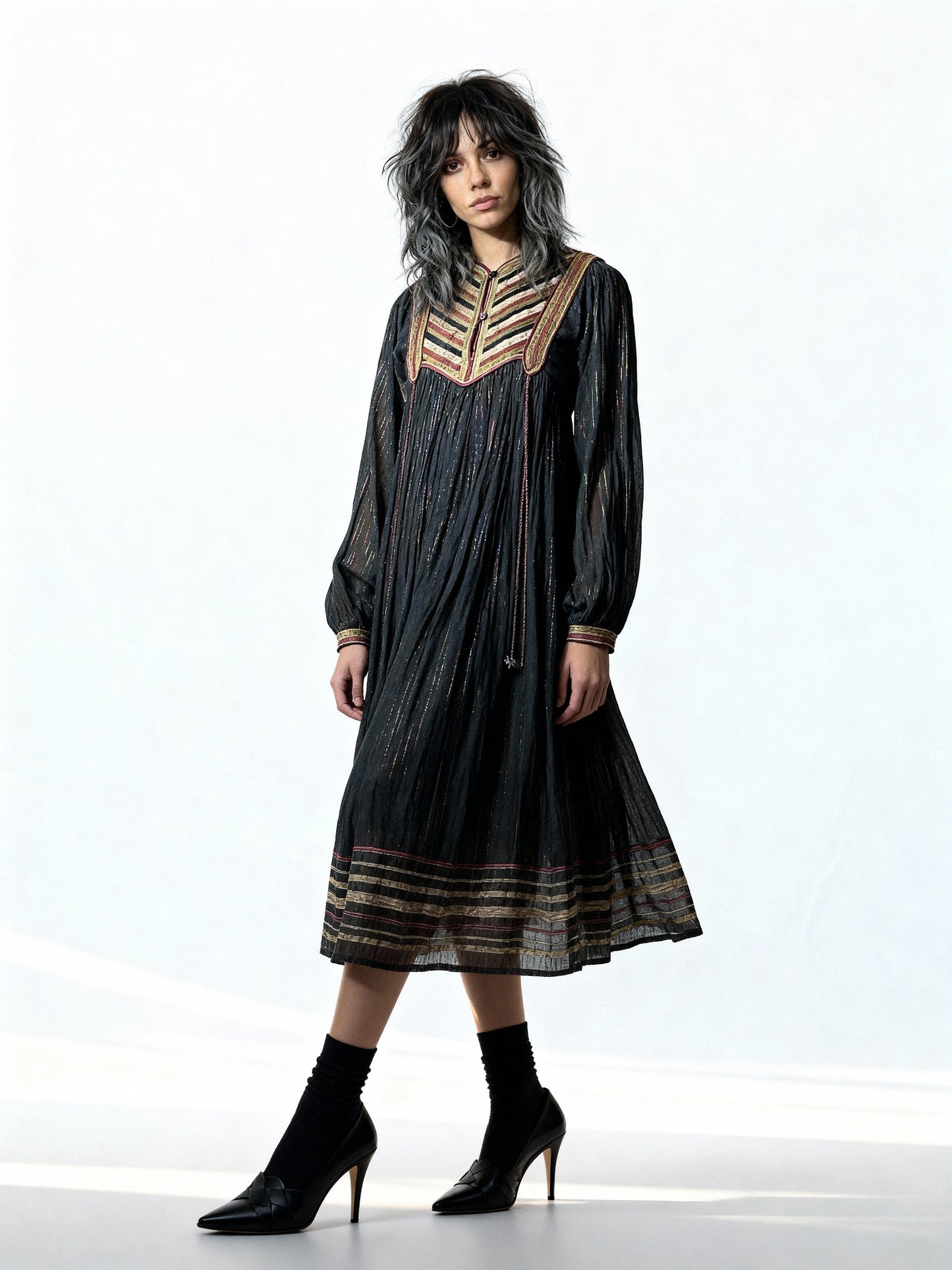 Original Vintage 1970's Black Indian Cotton Boho / Hippie Dress UK 8 - 14