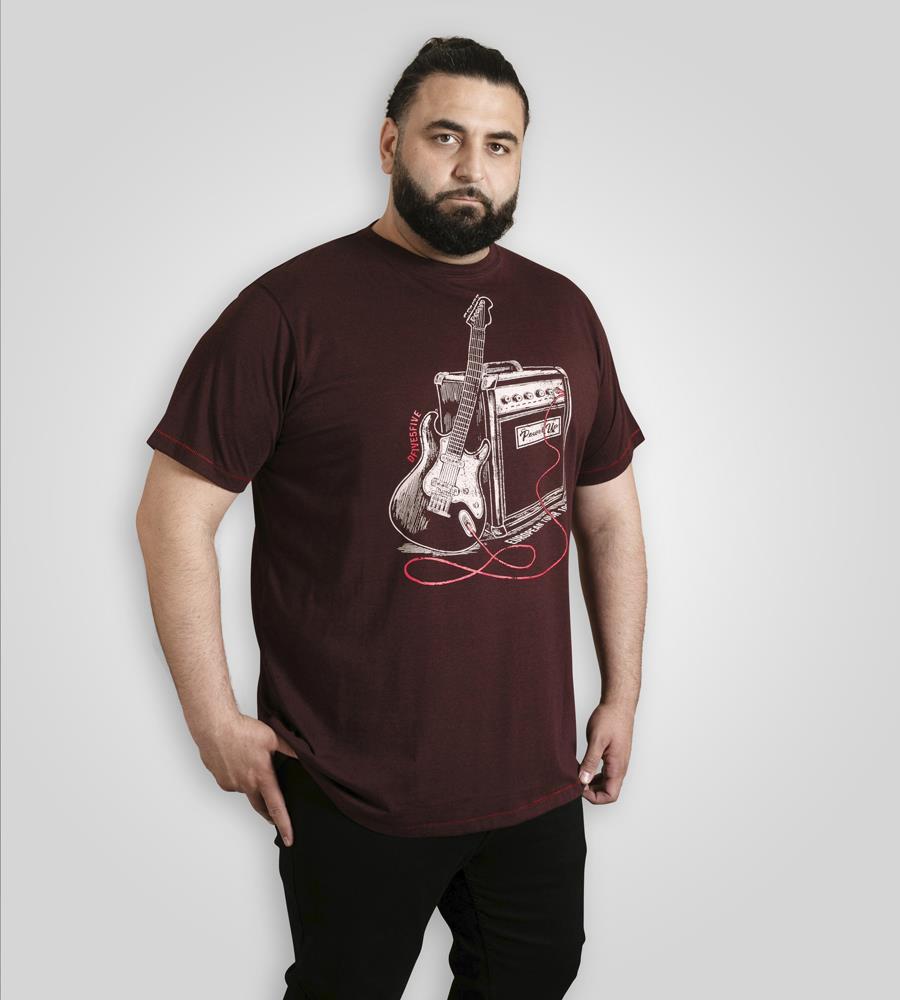 D555 BARNSLEY Guitar And Amp Printed Crew Neck T-shirt For Men in Burgundy, 2XL-10XL