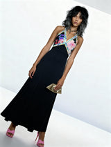 1970's Original Vintage Black Leonard Floral Print Halter Neck Dress UK 8 - 10