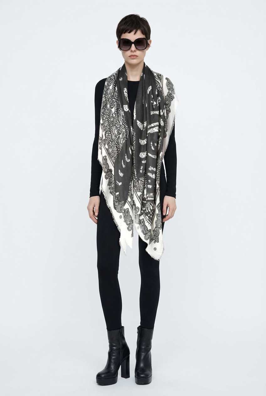 VASSILISA Scarf in Black and White Colour: Cat and Butterfly Print