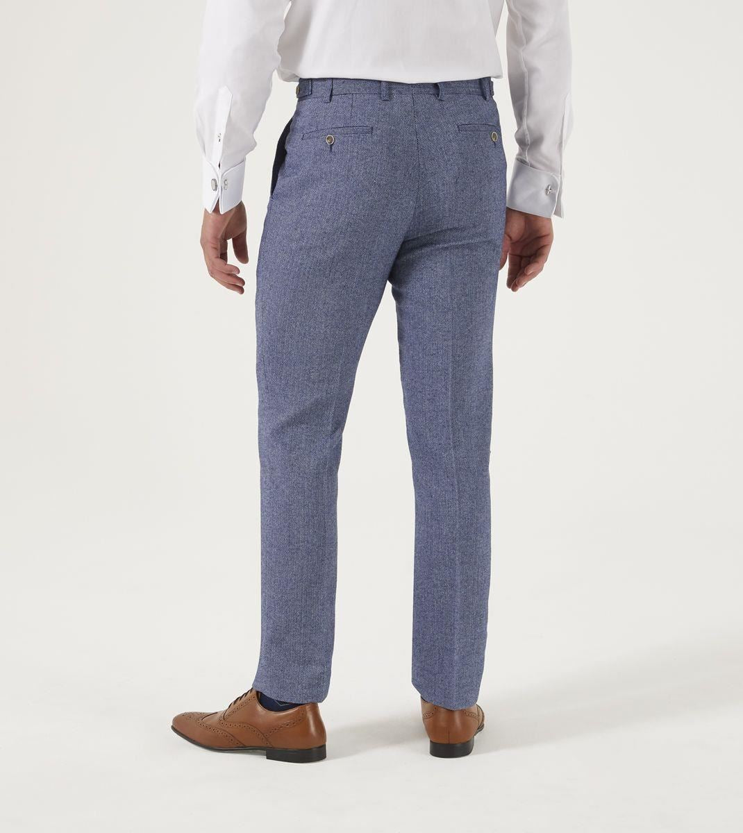 Skopes Men's Tailored Fit Suit Trouser Jude Herringbone in Blue Waist 32 to 56