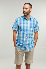 Double Two Life Style Men's Pure Cotton Short Sleeve Blue Window Check Shirt (1037A) 2XL-5XL