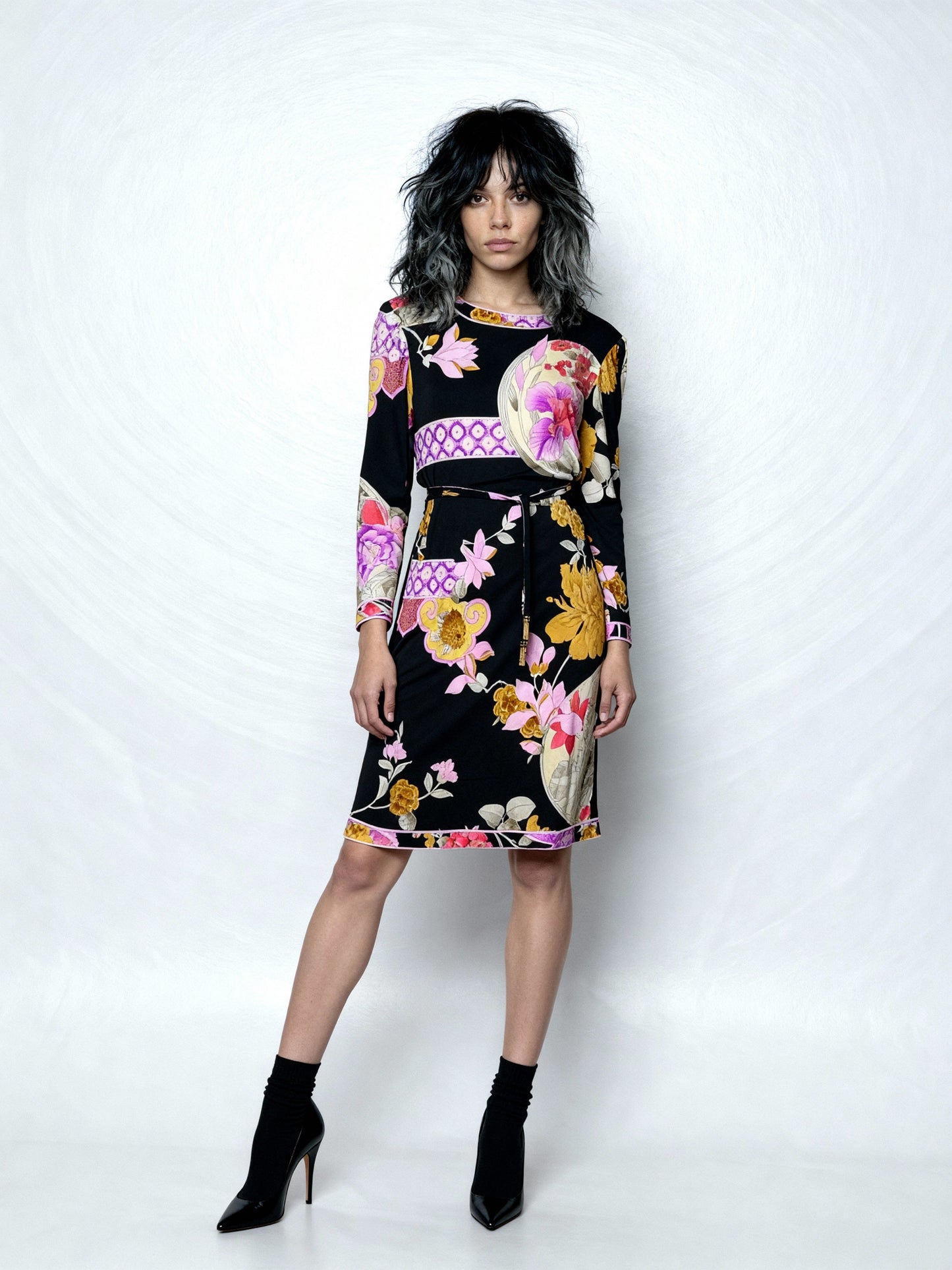 1980'S Original Vintage Black Leonard Floral Silk Dress Uk 10 - 12
