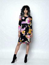 1980'S Original Vintage Black Leonard Floral Silk Dress Uk 10 - 12