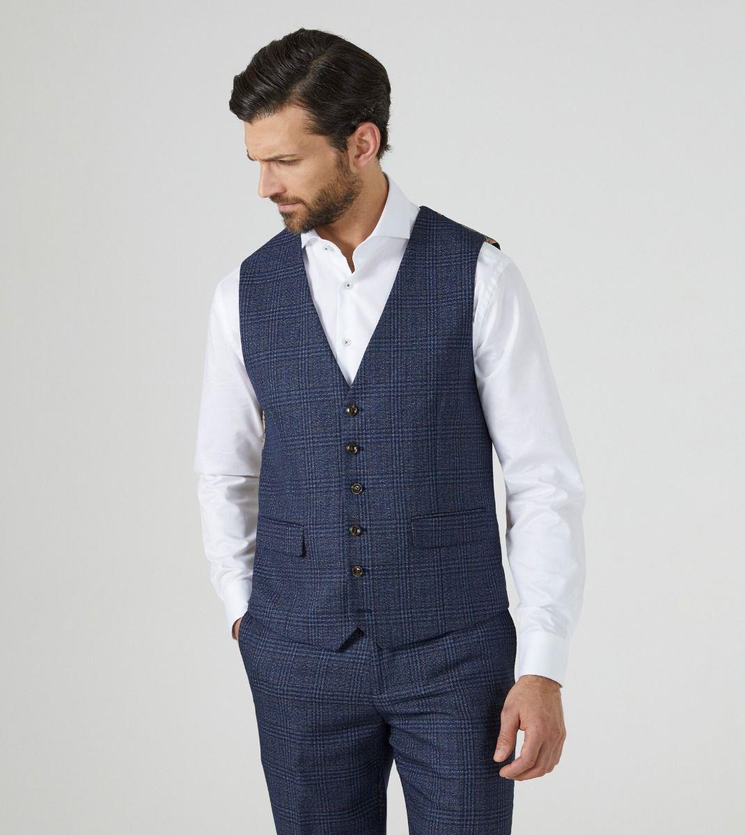 Skopes Men's Woolf Tailored Fit Waistcoat in Navy Check 34 to 72 Regular