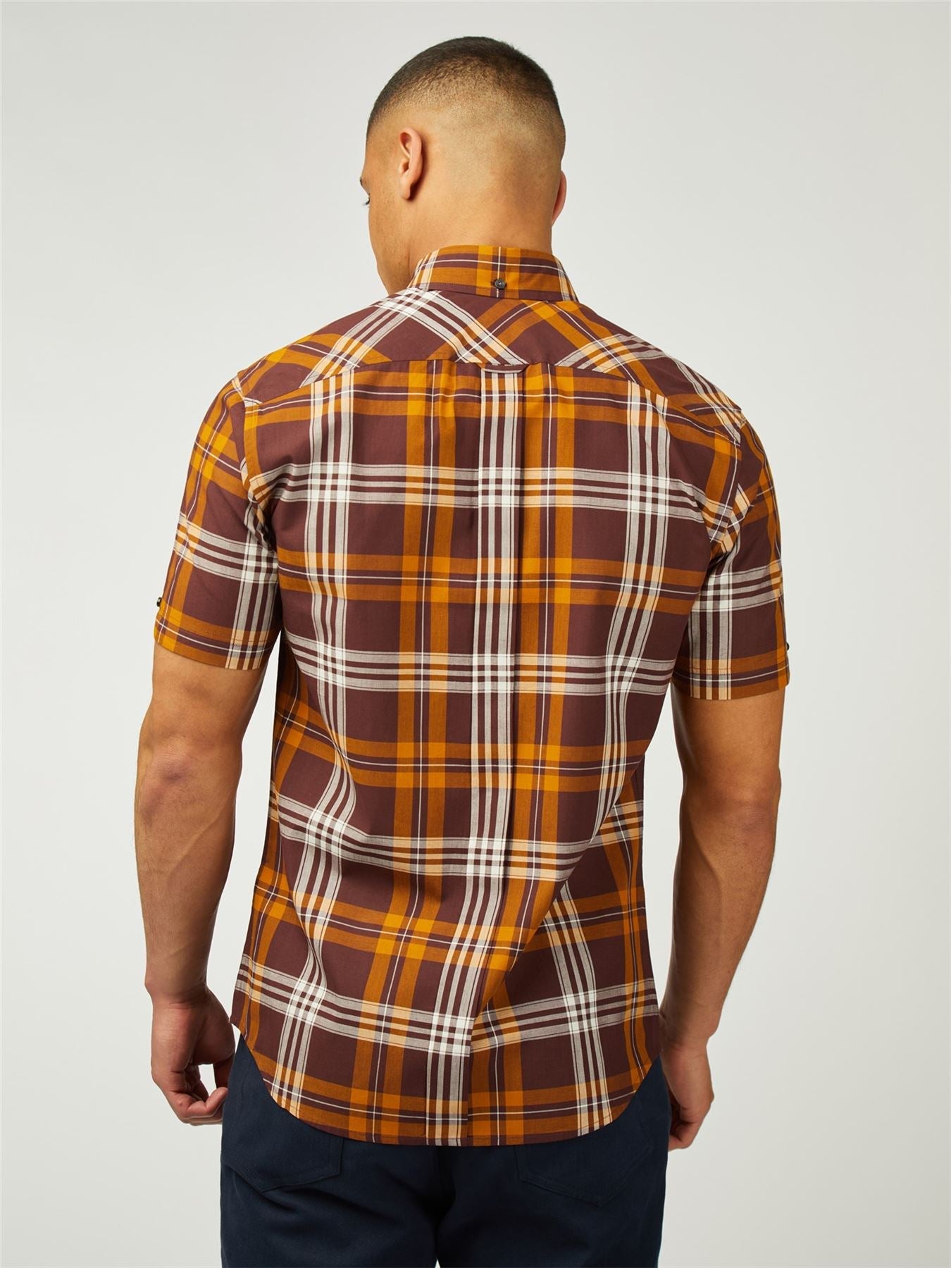 Ben Sherman Big Size Block Check Short Sleeve Shirt For Men in Wine, 2XL-5XL