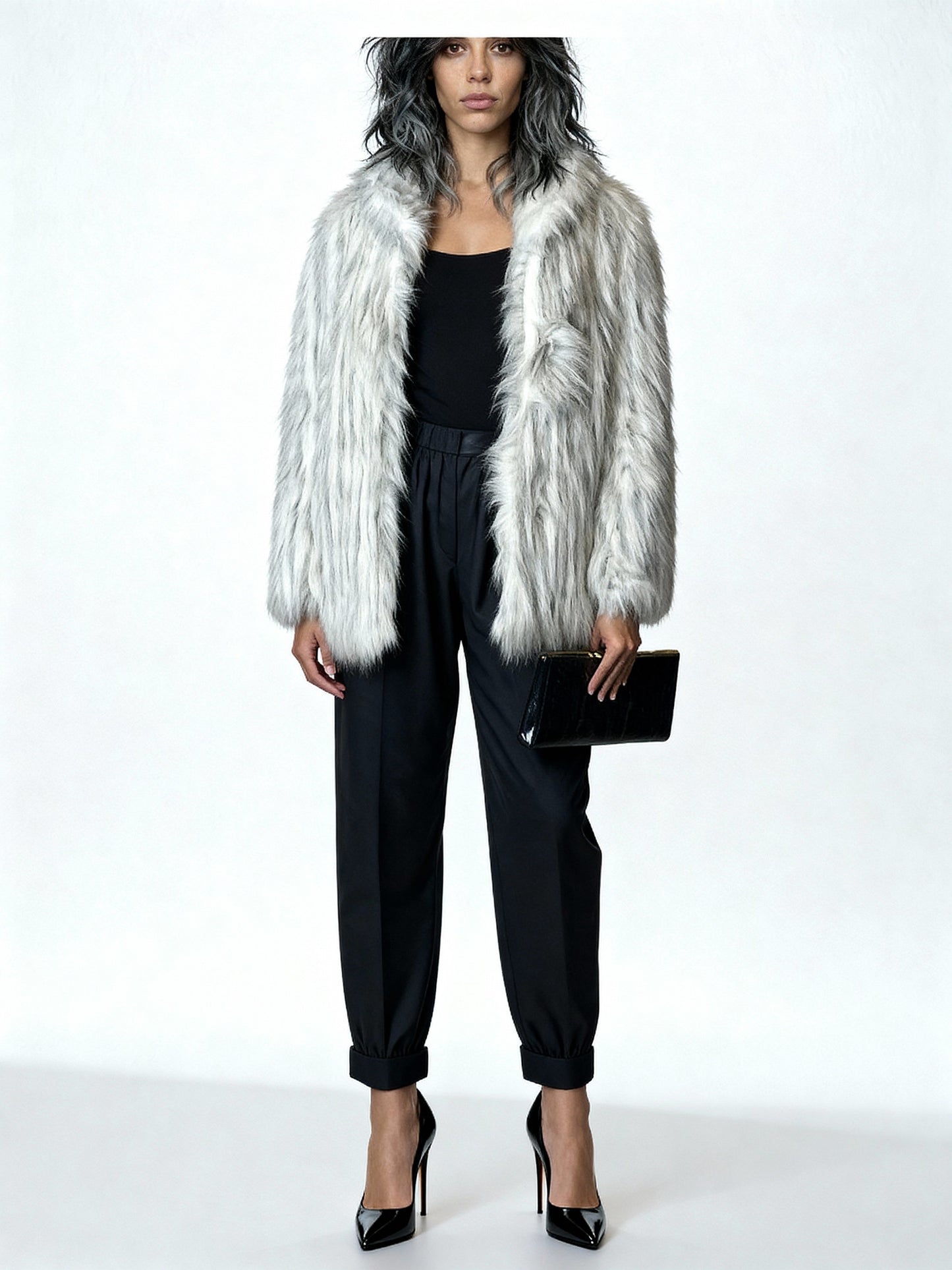 Original Vintage 1970's White & Grey Faux Fur Coat UK 8 - 14
