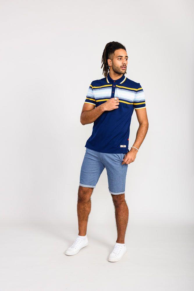 D555 Men's PELDON Chest Stripe Jersey Polo Shirt in Denim Marl 2XL to 6XL