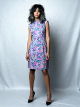 1960's Original Vintage Pure Silk Paisley Blue & Pink Pure Silk Dress UK 12 - 14